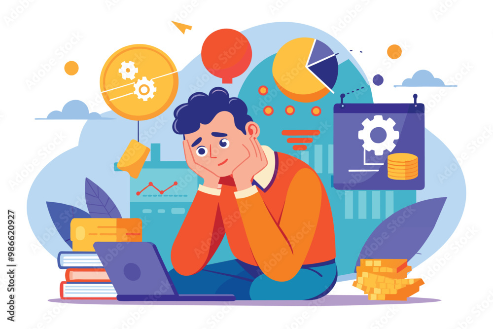 A young adult sits on the floor, contemplating bankruptcy amidst research materials and graphs, Bankruptcy, deep thinking for development, flat illustration. A young adult sits on the floor, contemplating bankruptcy amidst research materials and graphs, Bankruptcy, deep thinking for development, flat illustration.