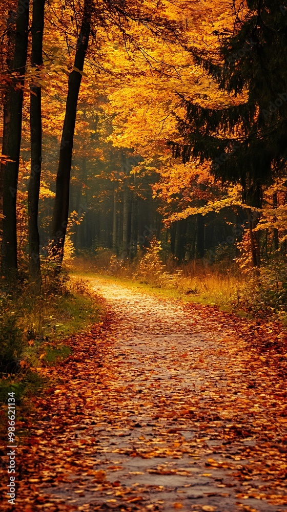 Sunlit path through fall foliage in autumn forest, scenic nature scene Sunlit path through fall foliage in autumn forest, scenic nature scene