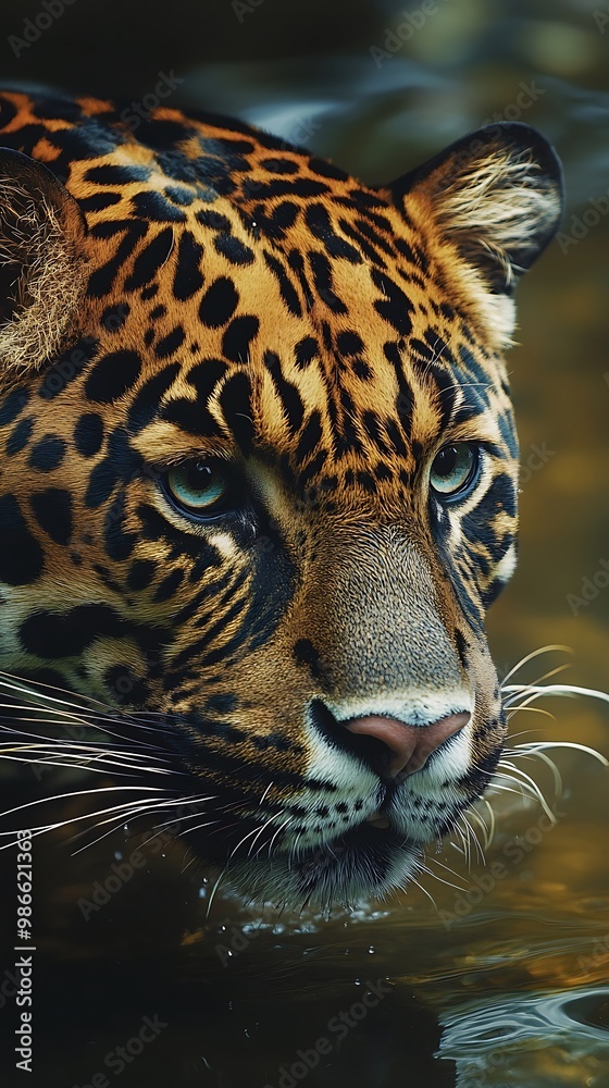 Obraz premium Close up of jaguar's face, looking at camera in water, beautiful animal, wildlife photo