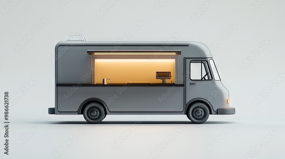 A sleek, simple food truck model in one solid color, with the service window open and lights on, ready for business, against a plain white background. A sleek, simple food truck model in one solid color, with the service window open and lights on, ready for business, against a plain white background.