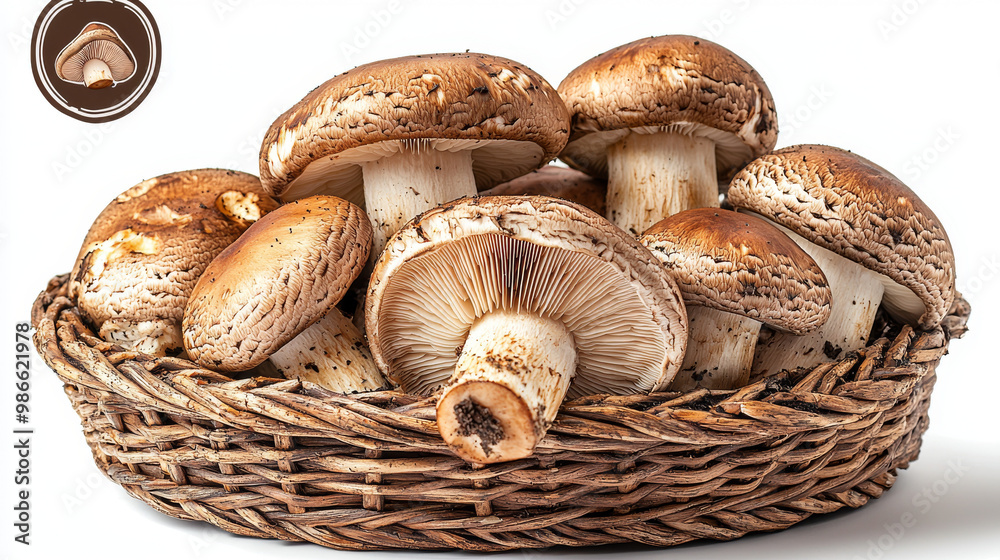 A wicker basket overflowing with fresh brown mushrooms. A wicker basket overflowing with fresh brown mushrooms.