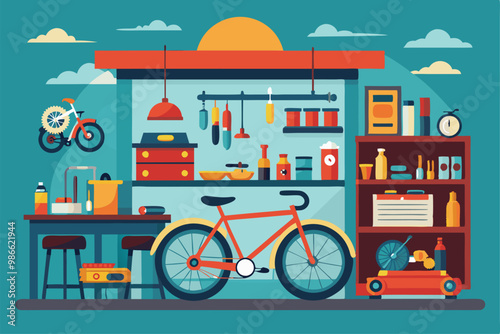 A colorful bike workshop featuring tools, a bicycle, and storage, showcasing a creative space for repairs, Bike workshop Customizable Flat Illustration