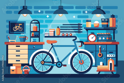 This bike workshop features a variety of tools and equipment designed for cycling repairs and customization, Bike workshop Customizable Flat Illustration