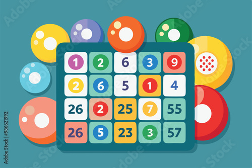 A vibrant bingo card with colorful numbered circles and chips laid out for a fun game night, Bingo Illustration - Customize It!