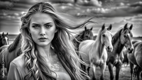 Stunning black and white portrait of a woman with flowing hair surrounded by horses