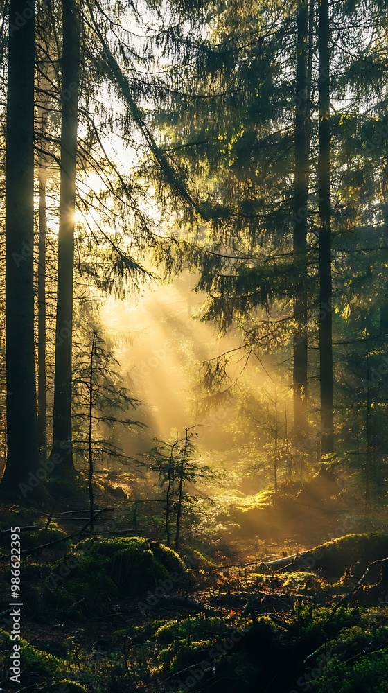 Obraz premium Golden light through trees in a forest with green moss and leaves