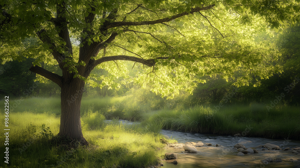 Tree overhanging stream with soft morning light Tree overhanging stream with soft morning light