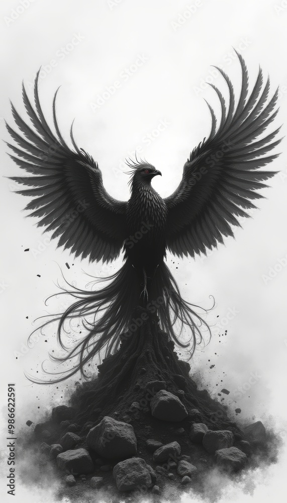 Fototapeta premium A powerful black phoenix rising from ashes, symbolizing rebirth and resilience. Perfect for inspiring projects in art, mythology, and personal growth.