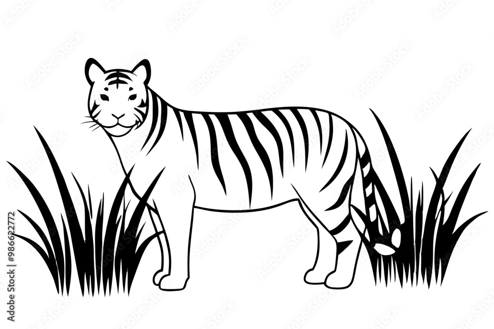 Obraz premium A captivating vector illustration of a tiger hiding in long grasses, intently watching for its prey. Perfect for wildlife art, nature themes, and animal-related designs.