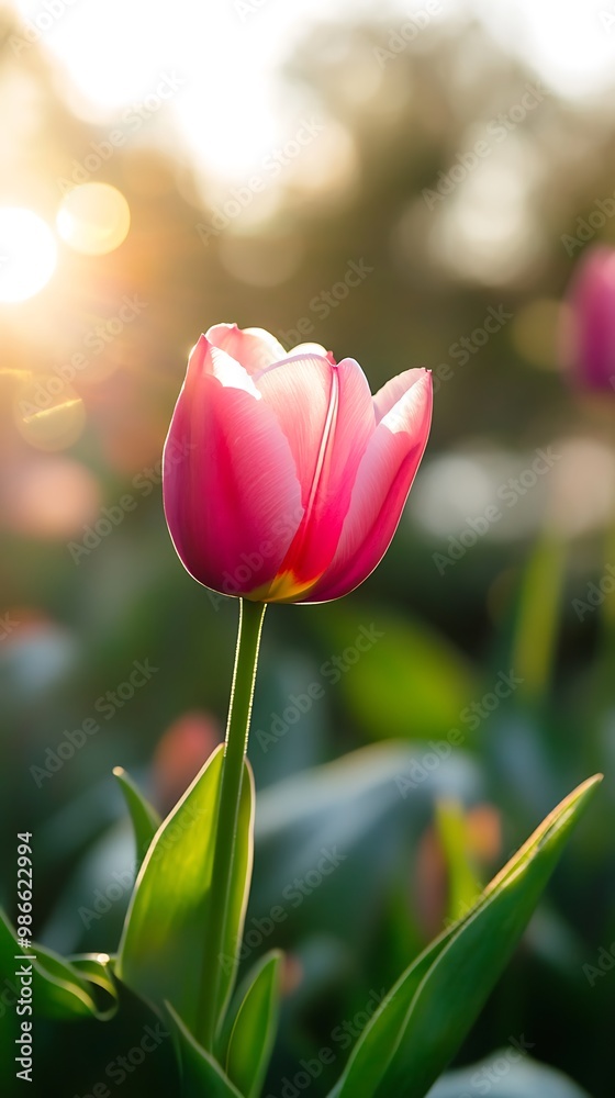 Pink tulip flower in the sunshine with bokeh background, blooming in spring