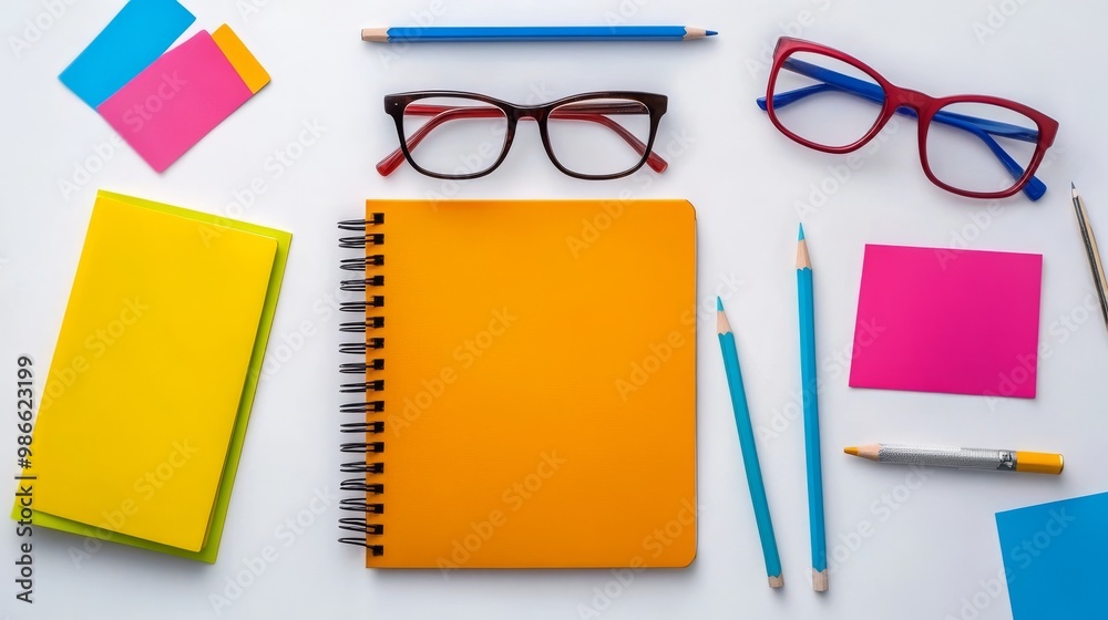 Notebook, stickers, glasses, pencil close-up: business, education, tech. Notebook, stickers, glasses, pencil close-up: business, education, tech.
