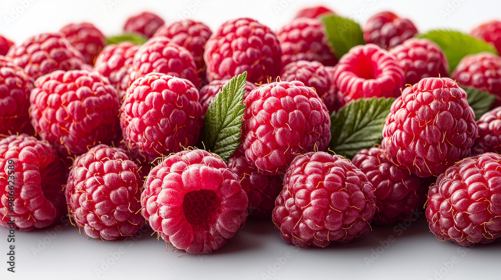 Close-up of ripe red raspberries with green leaves. Close-up of ripe red raspberries with green leaves.
