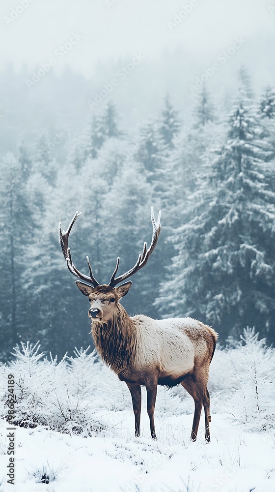 Majestic Elk Standing in Snowy Forest, Winter Wildlife Photo Majestic Elk Standing in Snowy Forest, Winter Wildlife Photo