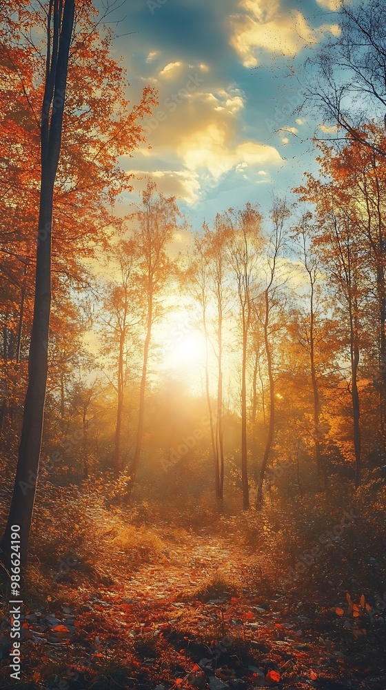 Sunbeams through fall foliage in a forest path, autumn landscape photography Sunbeams through fall foliage in a forest path, autumn landscape photography