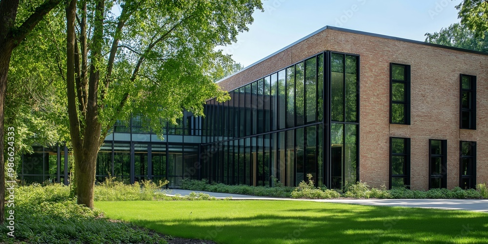 A large brick building with a tree in front of it. The building has a lot of windows and a glass facade A large brick building with a tree in front of it. The building has a lot of windows and a glass facade