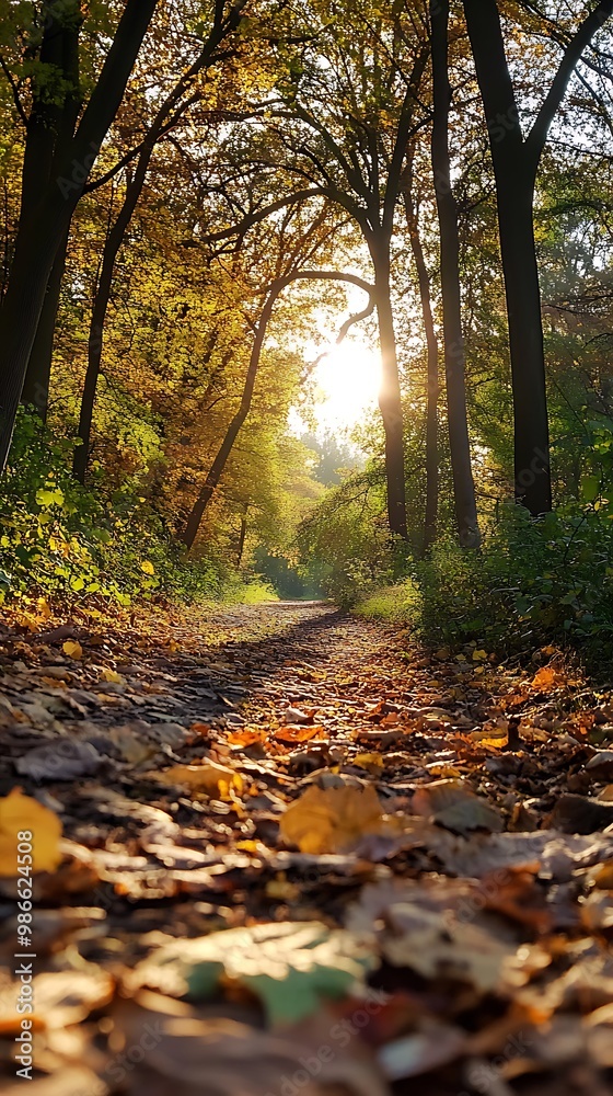 Autumn Path Through Forest With Golden Sunlight Autumn Path Through Forest With Golden Sunlight
