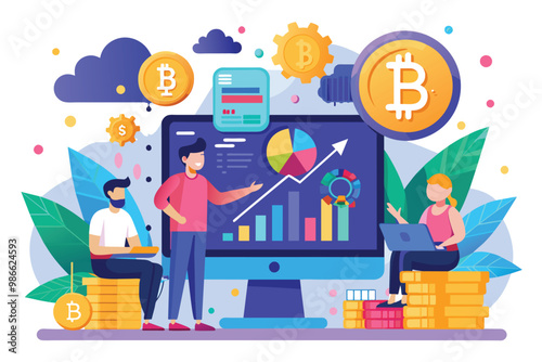 A group discusses bitcoin trading while analyzing charts and graphs on a computer screen, Bitcoin trading, flat illustration