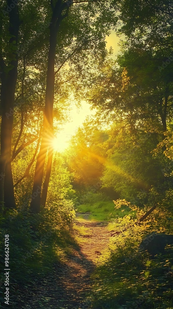Golden Hour Sunrays through Trees in Forest Path Golden Hour Sunrays through Trees in Forest Path