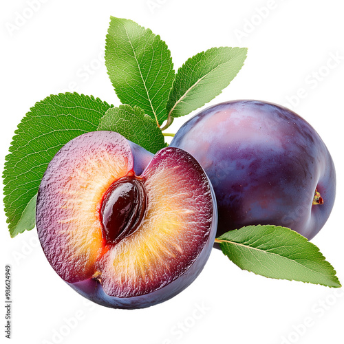 Ripe purple plum and a sliced half, revealing the golden flesh and pit, with dark skin and green leaves, ideal for showcasing the natural sweetness and simplicity of this classic summer fruit