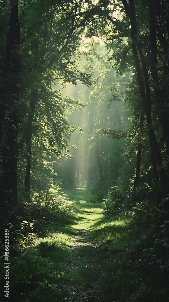Sunbeams illuminating a path through a dense forest Sunbeams illuminating a path through a dense forest