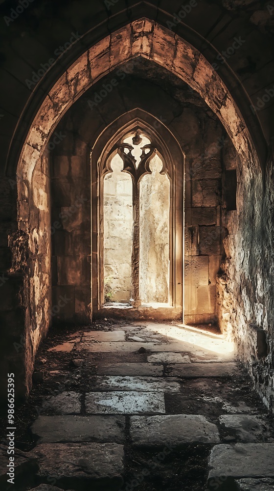 Fototapeta premium Light streaming through gothic archway window in ancient building