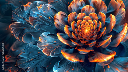 A conceptual image of a blooming flower made of fractal patterns each petal a series of intricate self replicating shapes Color shifts between each layer from cool blues to fiery oranges photo