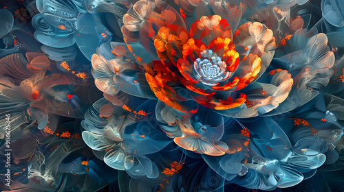 A conceptual image of a blooming flower made of fractal patterns each petal a series of intricate self replicating shapes Color shifts between each layer from cool blues to fiery oranges