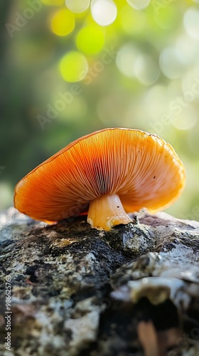 Closeup of a bright orange mushroom growing on a decaying log in a forest