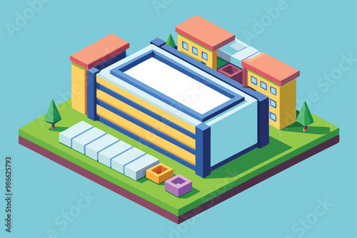 A versatile isometric illustration showcasing a contemporary building surrounded by greenery and geometric shapes, Blank customizable isometric illustration.