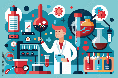 A researcher analyzes blood samples with lab equipment and colorful graphics to illustrate scientific processes, Blood research illustration, customizable and semi-flat.