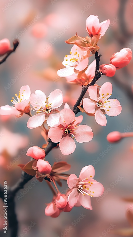 Close up of delicate pink cherry blossoms in full bloom on a branch Close up of delicate pink cherry blossoms in full bloom on a branch