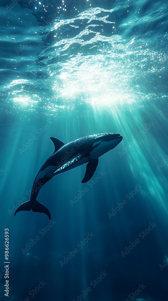 Obraz premium Orca whale swimming underwater with sunbeams shining through
