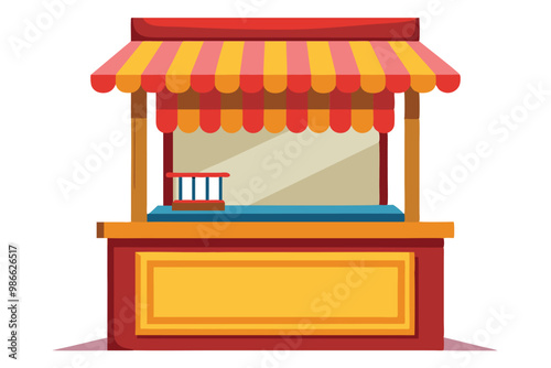 A vibrant booth stand design featuring a striped awning and a spacious display counter for vendors, Booth stand, flat drawing
