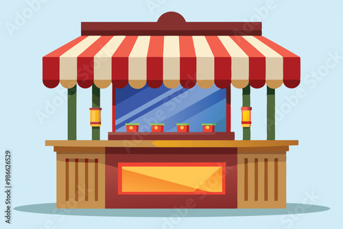 A vibrant booth stand featuring a striped awning, with products displayed in a bustling market atmosphere, Booth stand, flat drawing