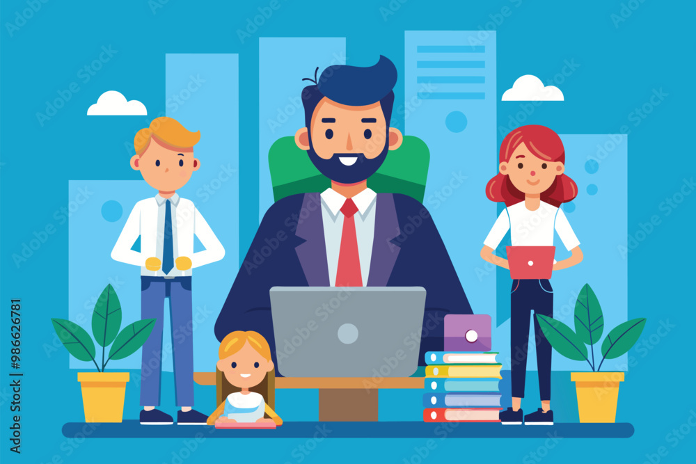A manager oversees employees working together in a cheerful office environment on a weekday, Boss monitoring employees at work, flat illustration. A manager oversees employees working together in a cheerful office environment on a weekday, Boss monitoring employees at work, flat illustration.