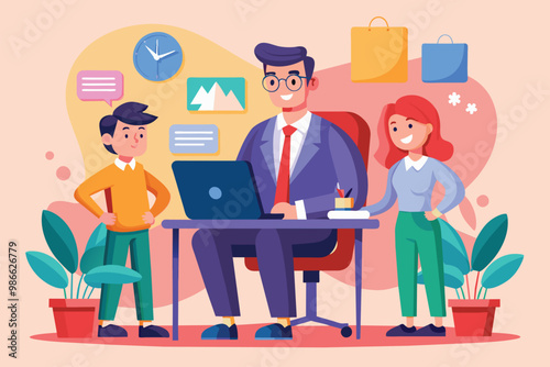 A boss is actively monitoring employees' discussions at their desks in a vibrant office setting, Boss monitoring employees at work, flat illustration.