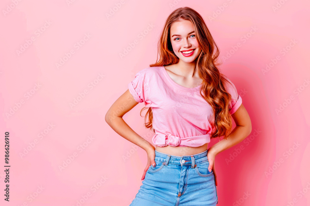 Full length body size photo of cheerful confident positive girlfriend holding hand on waist holding object showing empty space isolated pastel color background