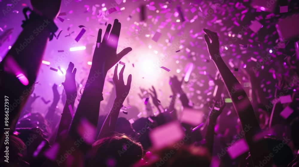 Close up photo of many party people dancing purple lights confetti flying everywhere nightclub event hands raised up wear shiny clothes