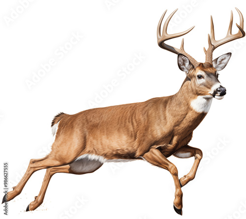 a white-tailed deer buck (Odocoileus virginianus) with antlers in motion, full body, side 3/4 view in a PNG, Nature-themed, isolated, and transparent photorealistic illustration. Generative ai photo