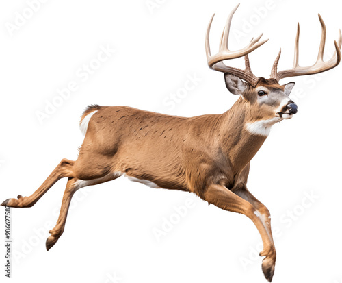 a white-tailed deer buck (Odocoileus virginianus) with antlers in motion, full body, side 3/4 view in a PNG, Nature-themed, isolated, and transparent photorealistic illustration. Generative ai