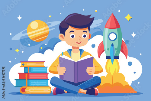 A boy sits cross-legged, studying a book about rockets with planets and stars surrounding him, Boy studying rocket book, flat illustration. photo