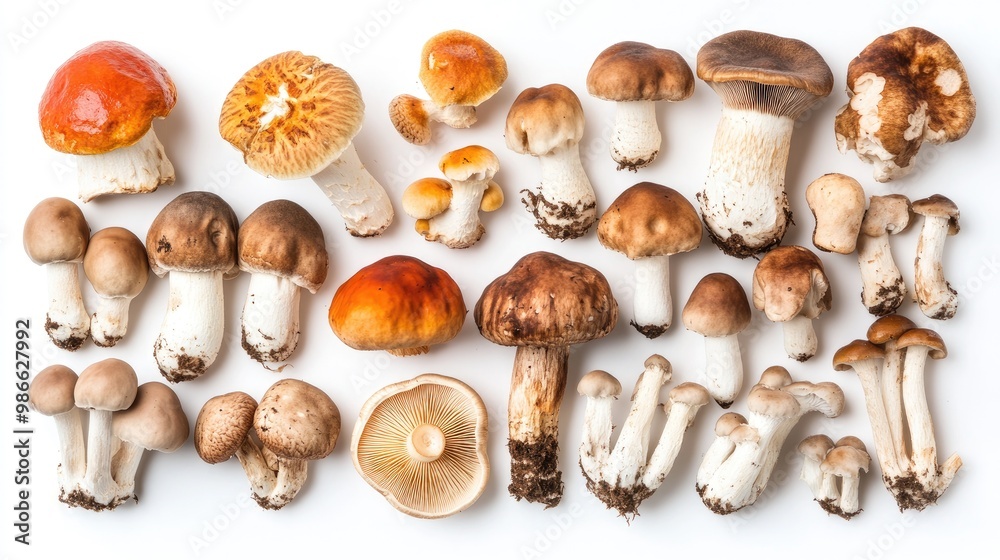 Assortment of juicy mushrooms displayed on a white background, showing the natural diversity of shapes and sizes. Assortment of juicy mushrooms displayed on a white background, showing the natural diversity of shapes and sizes.