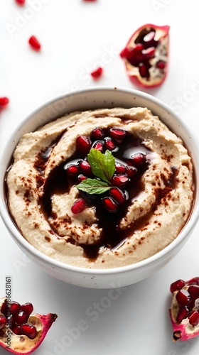 Hummus with Pomegranate Seeds and Drizzle - Delicious Middle Eastern Appetizer.