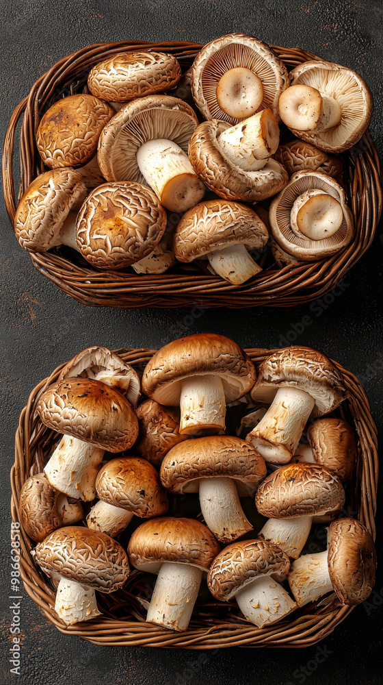 Two baskets filled with fresh brown mushrooms. Two baskets filled with fresh brown mushrooms.