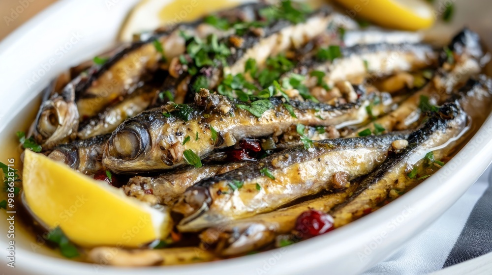 Pickled anchovies on white plate Pickled anchovies on white plate