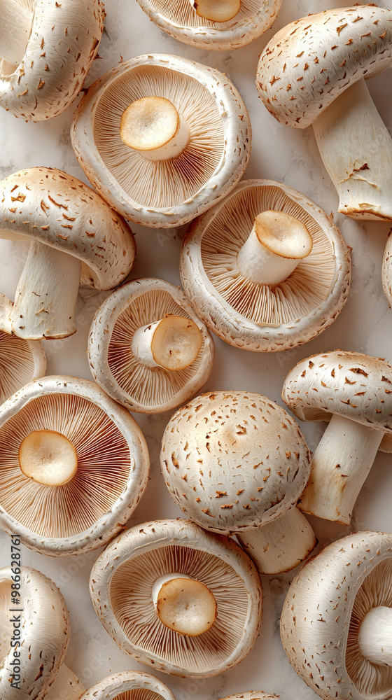 Close-up of fresh, white mushrooms on a marble surface. Close-up of fresh, white mushrooms on a marble surface.