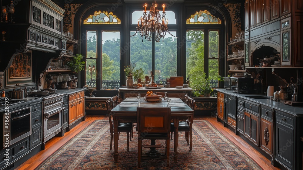 Classic Victorian kitchen with ornate furniture. The room is decorated with a lot of plants and has a vintage feel.