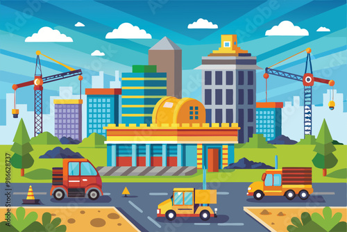 Crane operators work on buildings while trucks navigate a busy construction site under clear skies, building construction, 2D representation