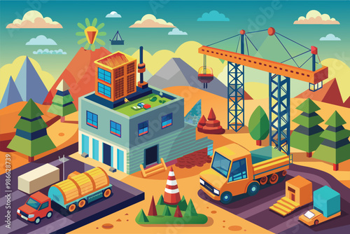 A vibrant construction site shows cranes, trucks, and a building under development in a scenic area, building construction, 2D representation