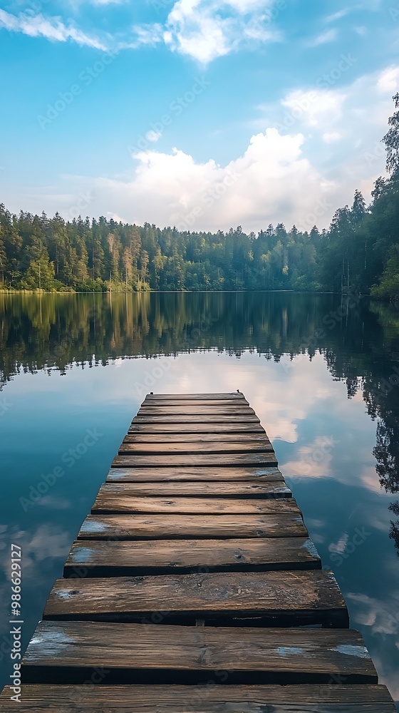 Fototapeta premium Wooden dock extending into a tranquil lake with lush green forest and blue sky background